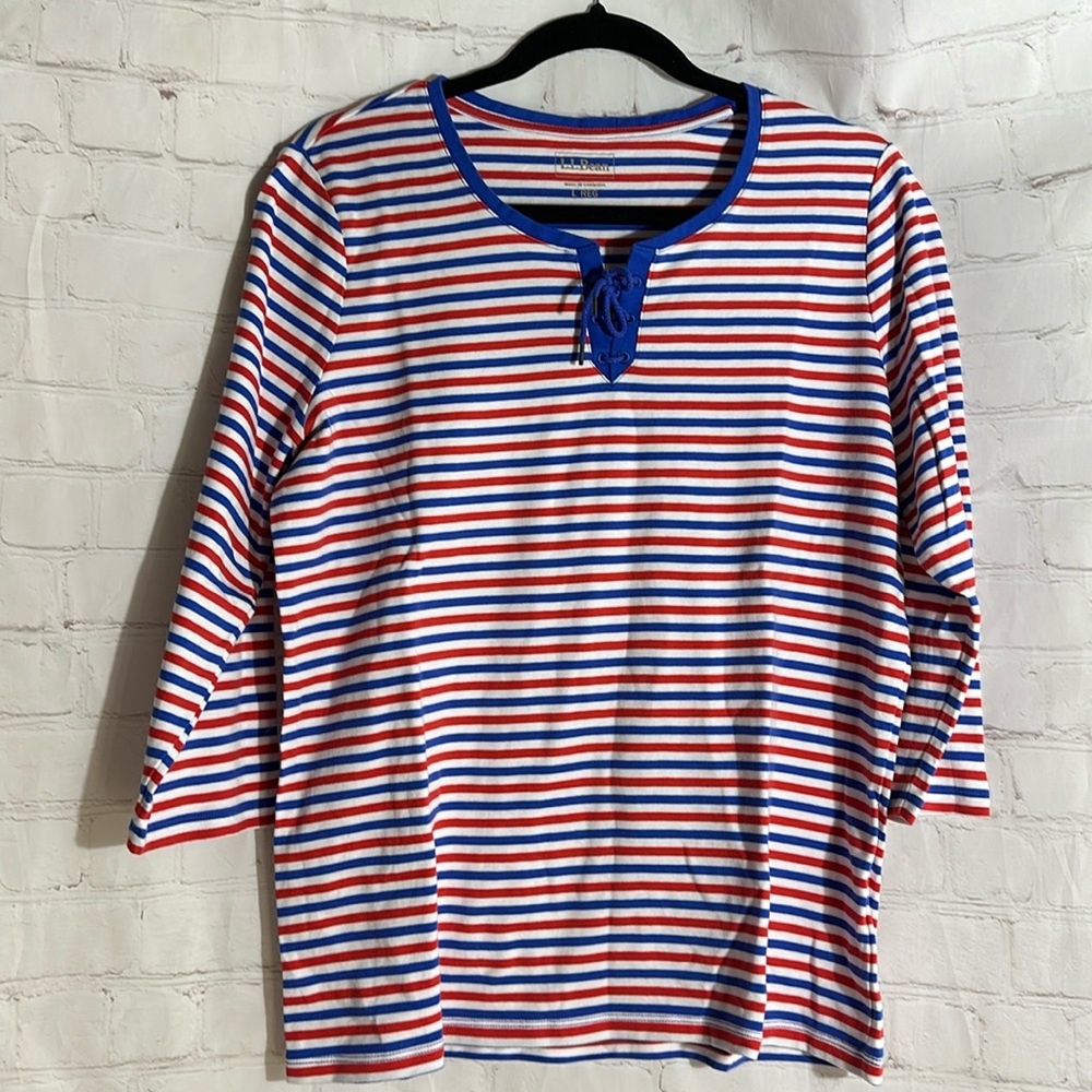 🌼 L.L BEAN 35 LI BEAN STRIPED‎ PLACE UP SLEEVE SHIRT . SIZE LARGE REG